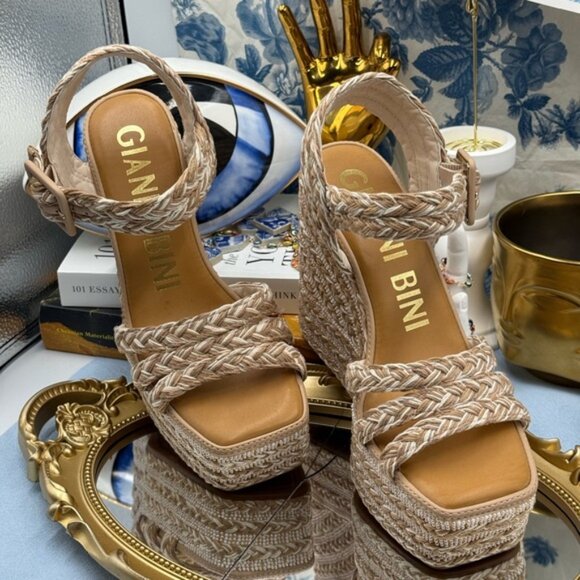 🆕 GIANNI BINI 🧿 NWOB Santi Woven Beaded Wedge Sandal - Neutral Woven Sz US 7 - Picture 4 of 16